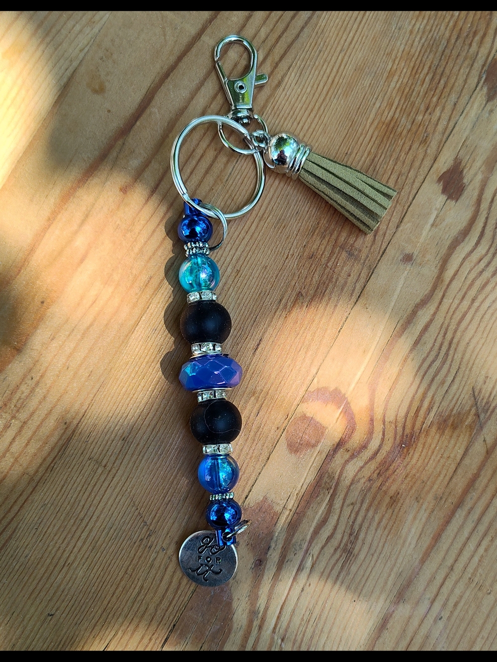 Beaded Tassel Keychain with Blue and Black Accents Go For It Charm